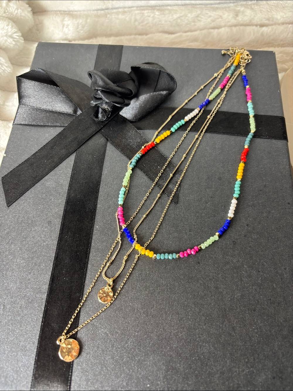 Bohemian 3 Stranded Necklace Beaded and Gold-tone Chains